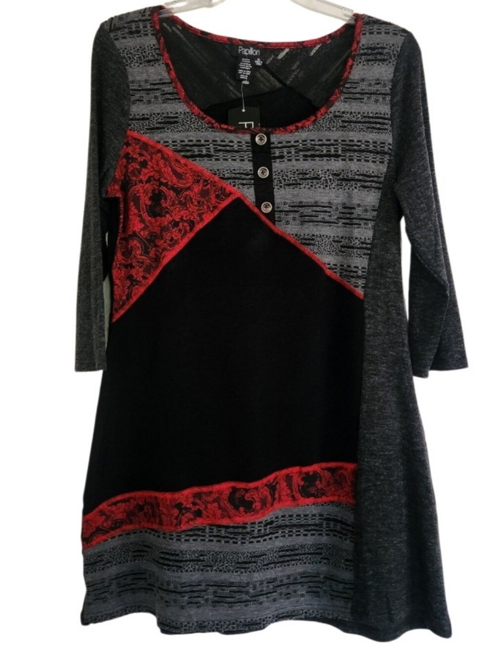 Papillon Black, Red & Gray Mixed-Pattern Women's Tunic Top Sz Xl Nwt